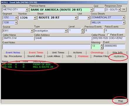 Hydrants Tab with Info and Map Function Highlighted  Hydrants Tab with Info and Map Function Highlighted